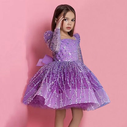 Kids Girls Layered Tulle Glitter Flower Dress with Big Bow childrensterritory
