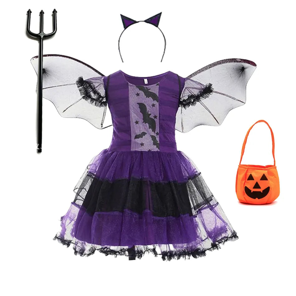 Kids Girls Vampire Witch Party Dress with Bag Headband Wings childrensterritory