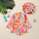 Tie-Up Hollow-Out Kids Girls Floral Print Swimwear with Hat