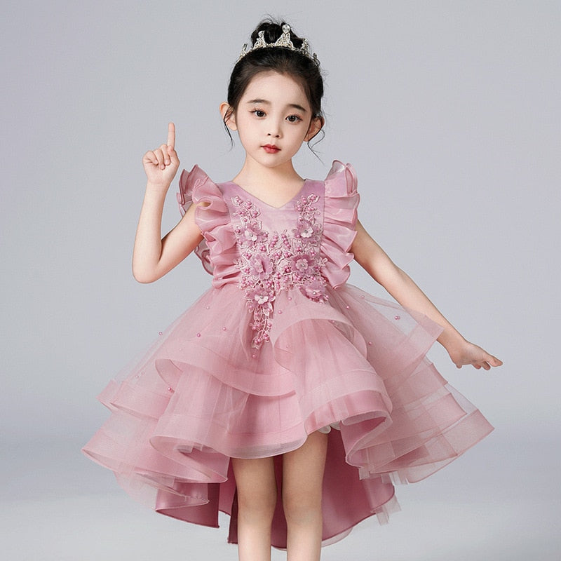 Lace Flower Embroidery Fluffy Mesh Trailing Girls Party Dresses childrensterritory