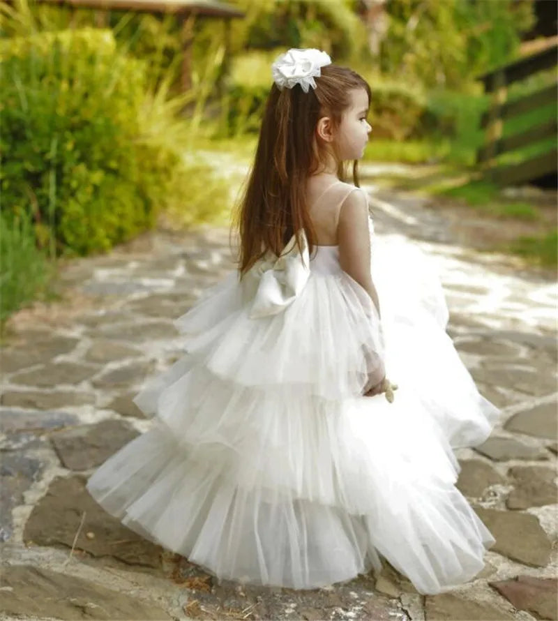 White Puffy Sheer Neck Glitter Pearls Beading Kids Pageant Gowns childrensterritory