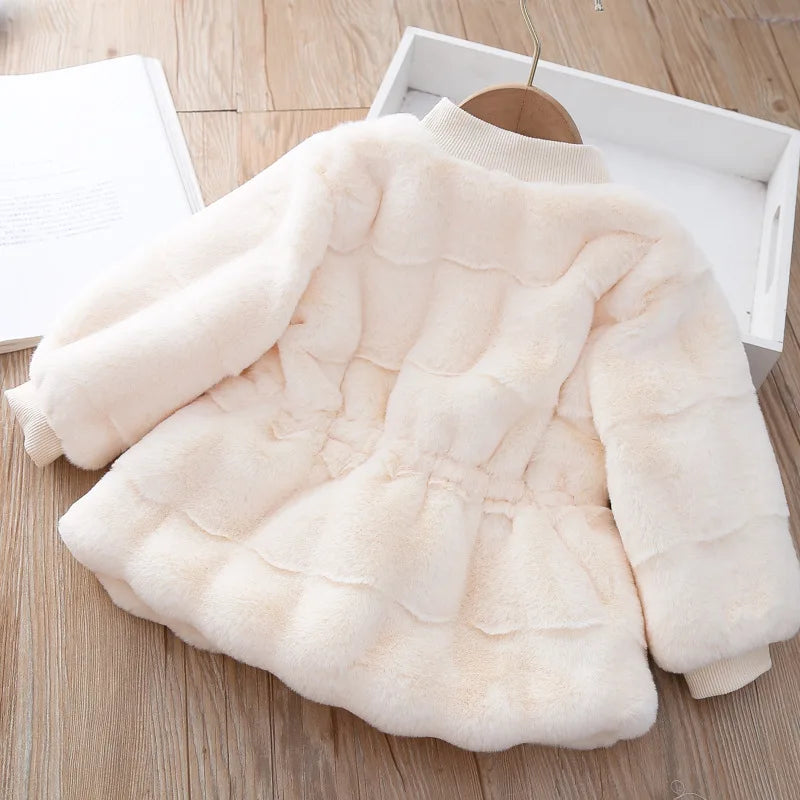 Girls’ Stylish Soft Long-Sleeve Winter Fur Coat