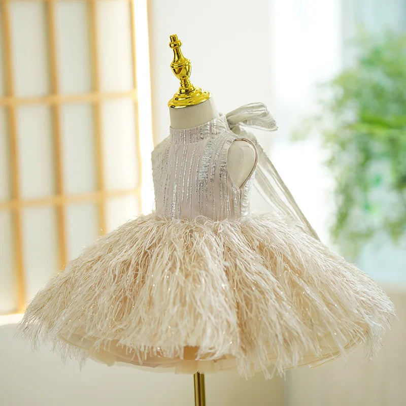Kids Girls Puffy Feather Design Party Performance Dress childrensterritory