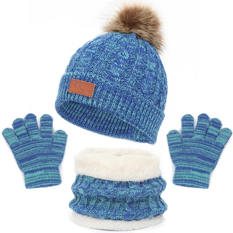 Toddler 3Pcs Cute Pompom Knitted Hats Scarf Gloves Set childrensterritory