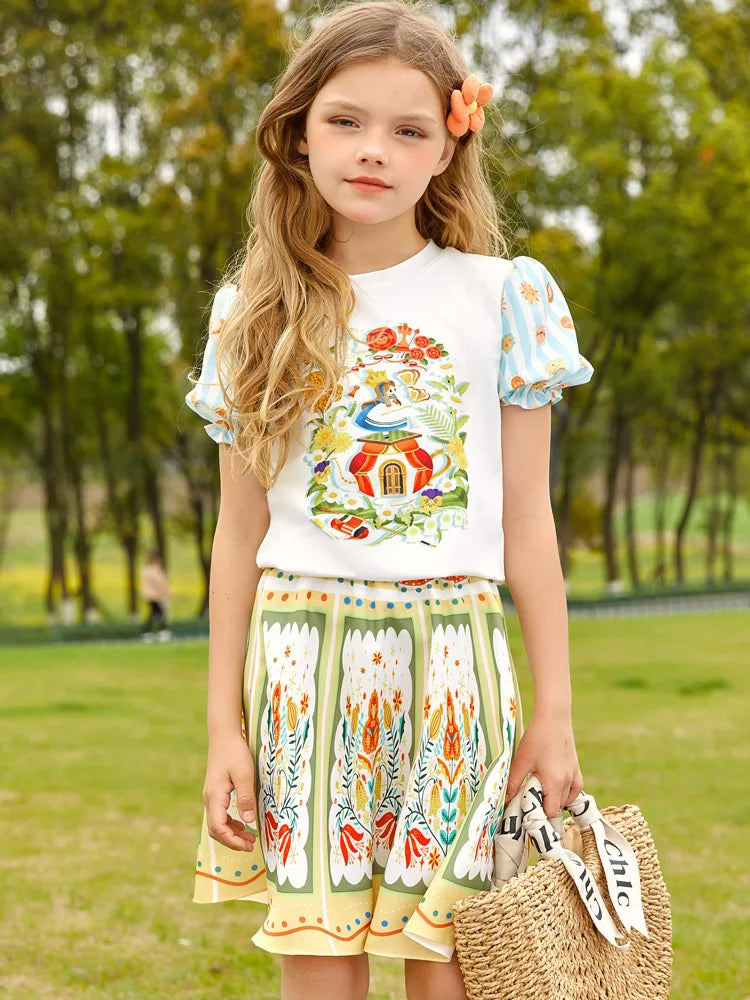 Kids Girls Cartoon Printed Top with Skirt Summer Set childrensterritory