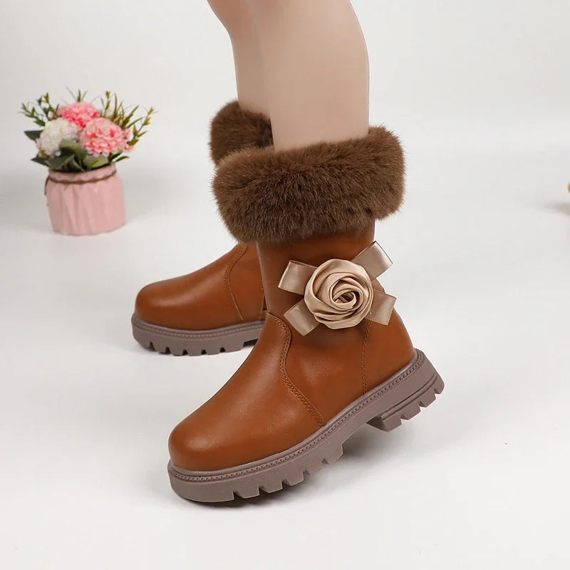 Princess Girls Zipper Flower Design Warm Fur Boots childrensterritory