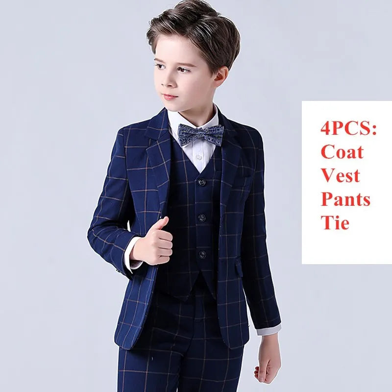 Kids Boys Top Quality Plaid Wedding Suit Formal Tuxedo