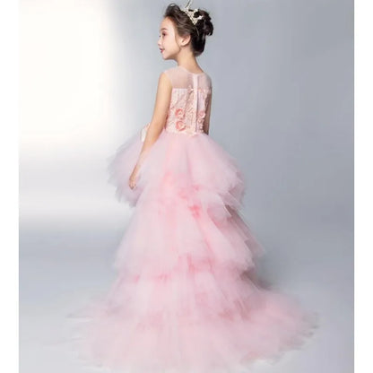 Baby/Kids Girls Pink Tulle Trailing Princess Gown