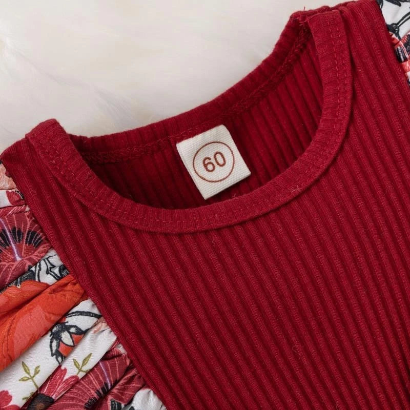 Floral Print Baby Girl Cotton Jumpsuit Dress With Bowknot