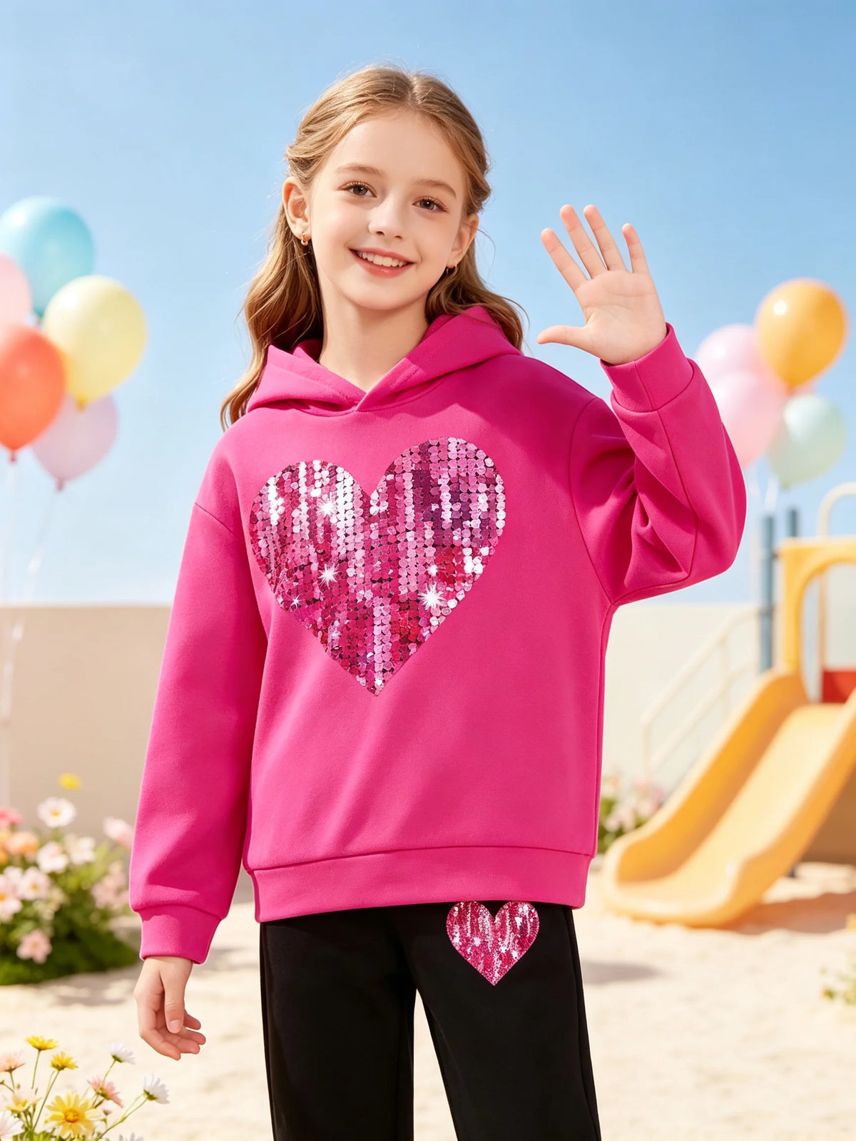Kids Girls Heart Print Pink Cotton Hoodie and Legging Sets for Autumn