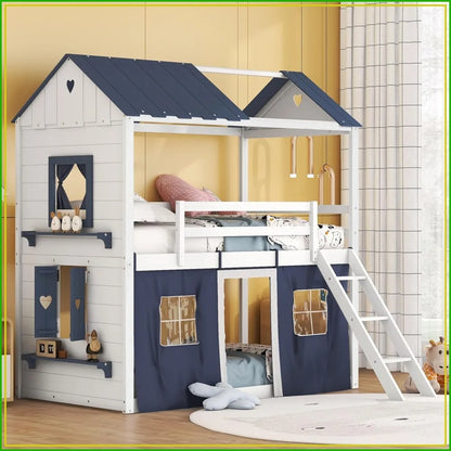 Hut Design Twin over Twin Bunk Bed with Window and Two Drawers