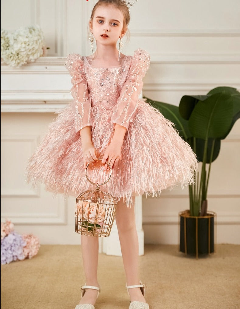 Fluffy Shiny Feather Princess Birthday Party Dresses for Girls childrensterritory