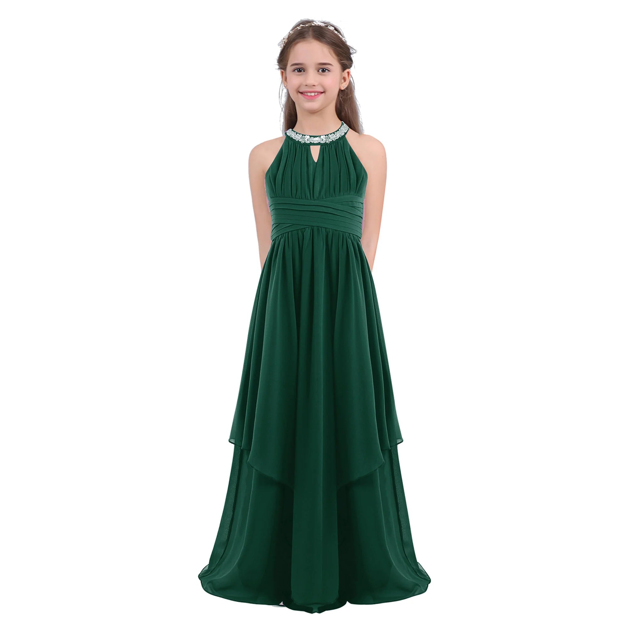 Kids Girls Halter Lace Design Chiffon Long Prom Ball Gowns