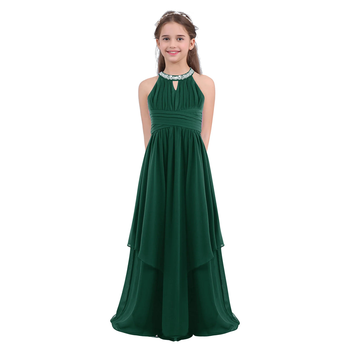 Kids Girls Halter Lace Design Chiffon Long Prom Ball Gowns childrensterritory