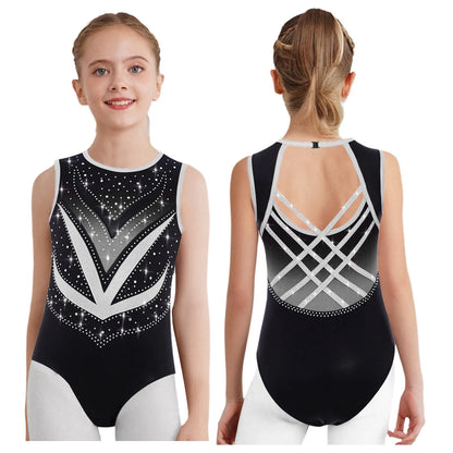 Kids Girls Mesh Rhinestones Design Gymnastics Leotard/Dancewear childrensterritory