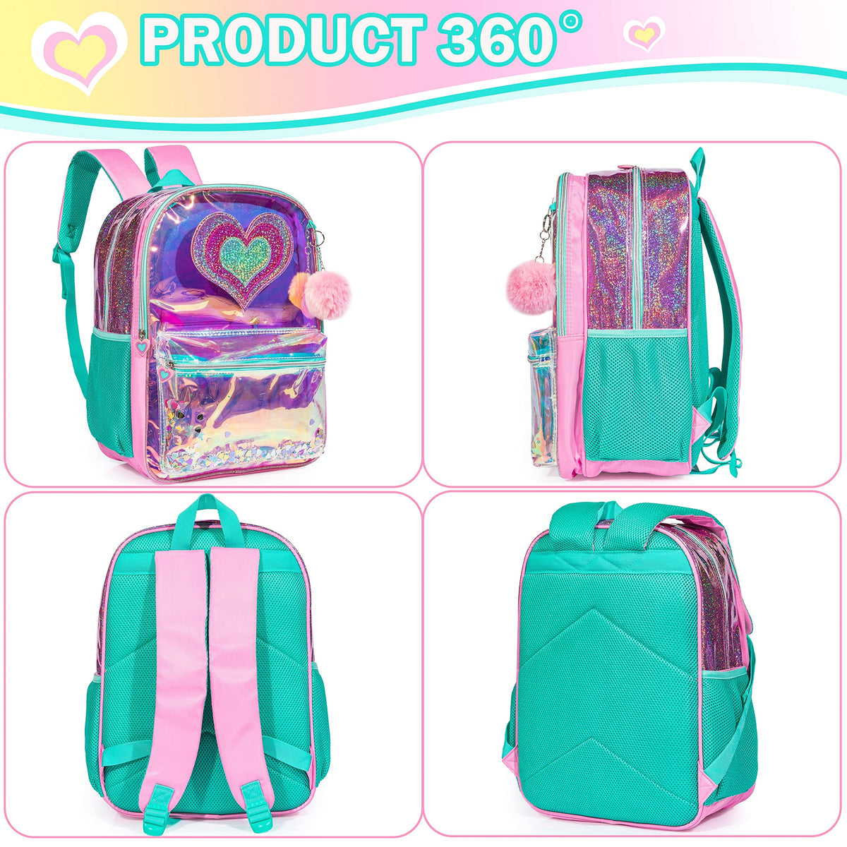 Sequin Heart and Star Design School Backpack Set for Girls childrensterritory
