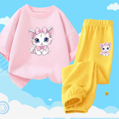 2pcs Kids Girls Cute Cartoon Print T-shirts + Pants Summer Outfit childrensterritory