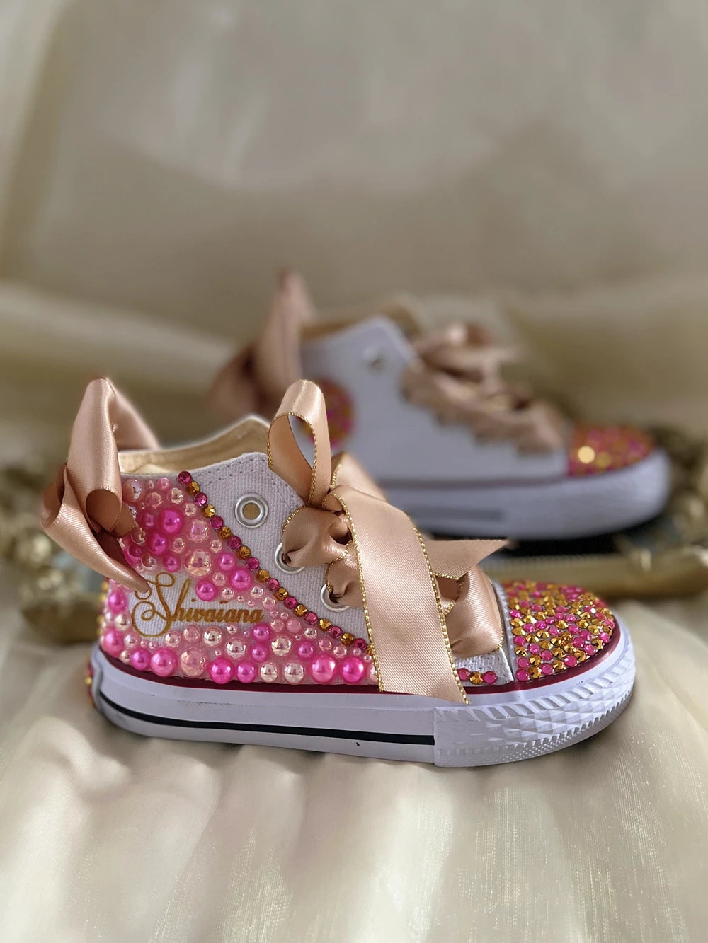 Kids Girls Pink Sparkle Gold Rhinestones Canvas Sneakers