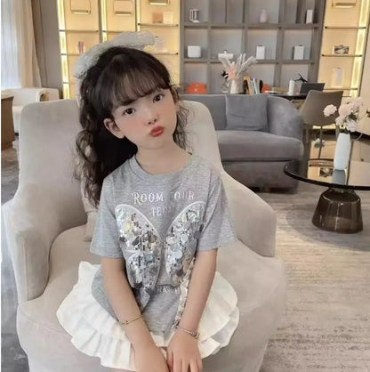 Kids Girls Floral Wrap-Hip Dress with a Heart Sequin T-shirt childrensterritory