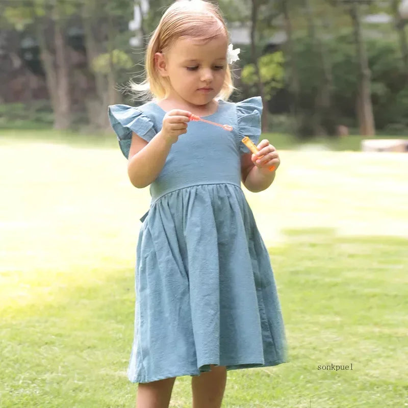 Bow Design Cotton Linen Dress For Toddler Girls childrensterritory