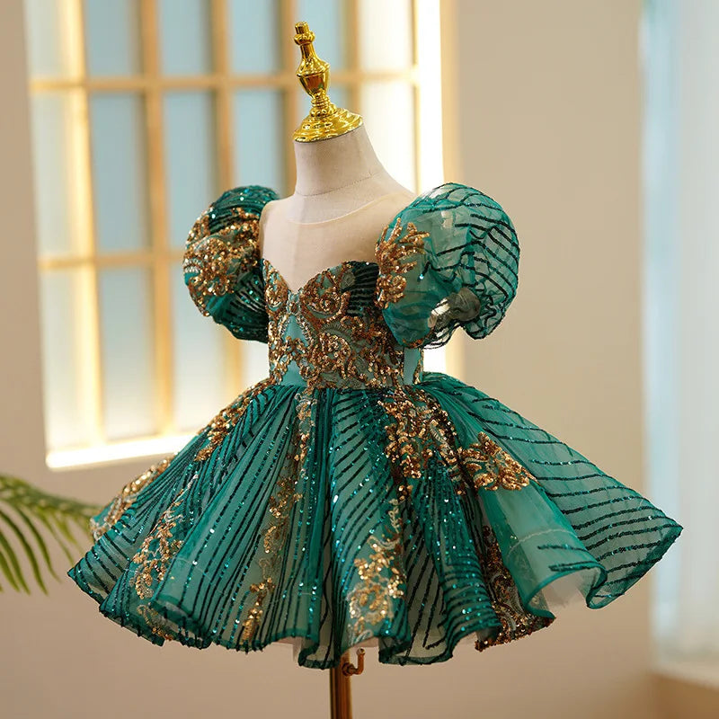 Girls Luxury Green Gold Birthday/Evening/ Party Dress