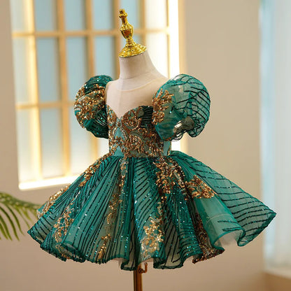 Girls Luxury Green Gold Birthday/Evening/ Party Dress