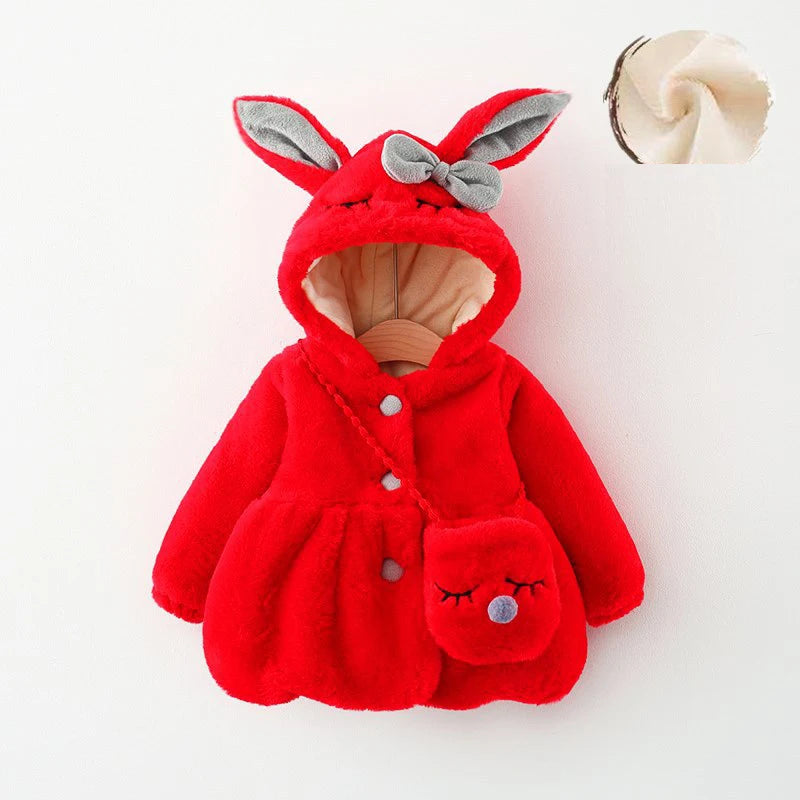 Rabbit Ear Warm Hooded Jackets+Bag for Baby Girls