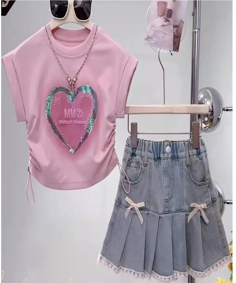 Kids Girls Floral Wrap-Hip Dress with a Heart Sequin T-shirt childrensterritory