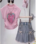Kids Girls Floral Wrap-Hip Dress with a Heart Sequin T-shirt childrensterritory