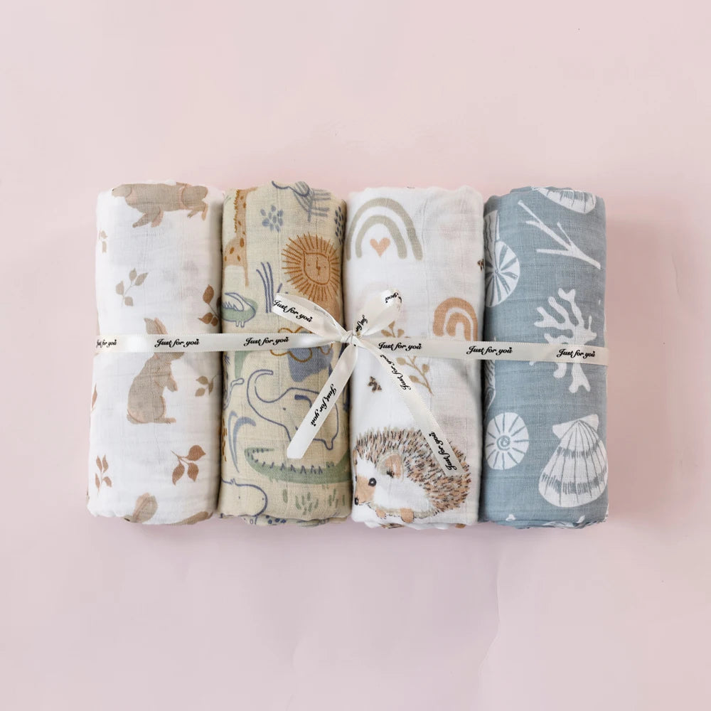 Print Bamboo Cotton Muslin Baby Swaddle, 4PCS Gift Set