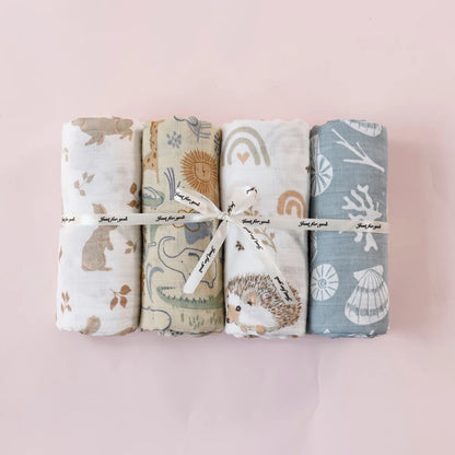 Print Bamboo Cotton Muslin Baby Swaddle, 4PCS Gift Set