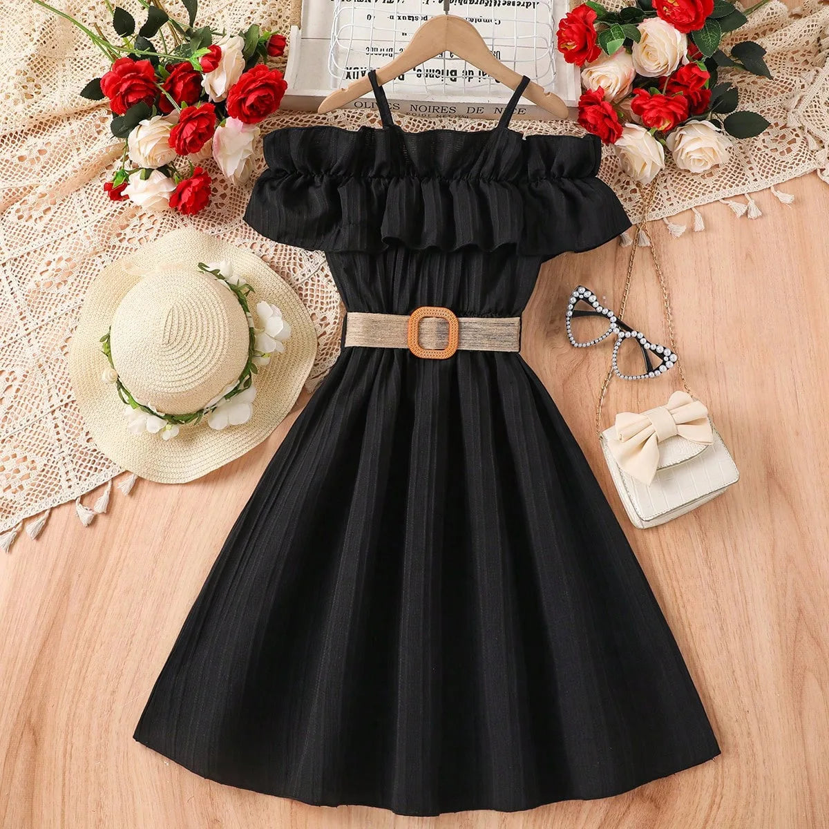 Kids Girls Off Shoulder Formal Summer Party Dresses With Belt