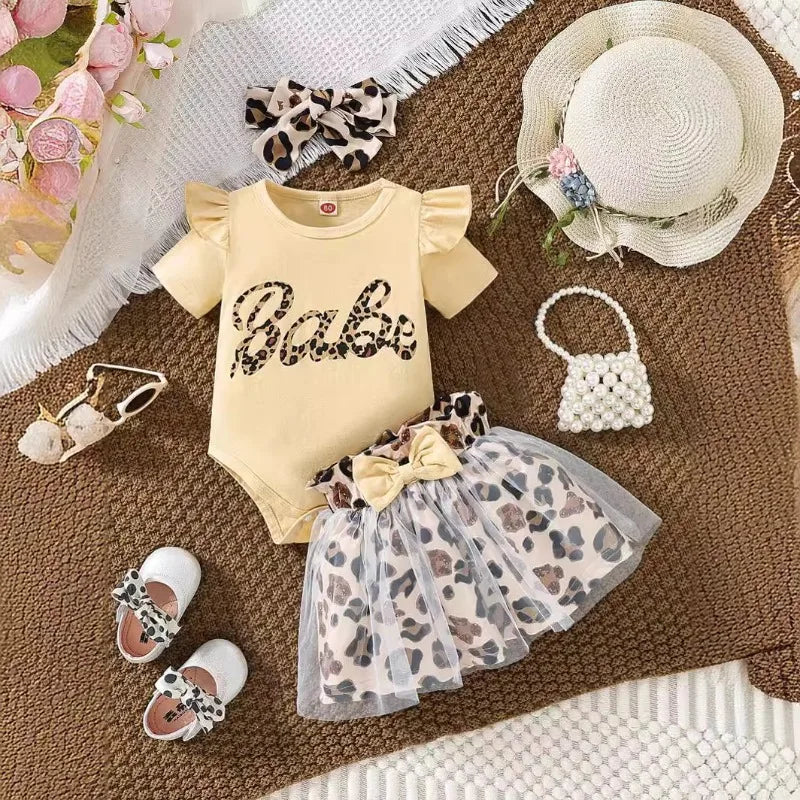 Baby Girl Babe Print Romper and Leopard Print Tulle Skirt Dress