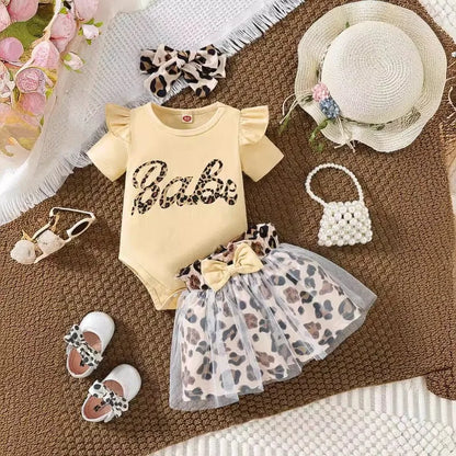 Baby Girl Babe Print Romper and Leopard Print Tulle Skirt Dress