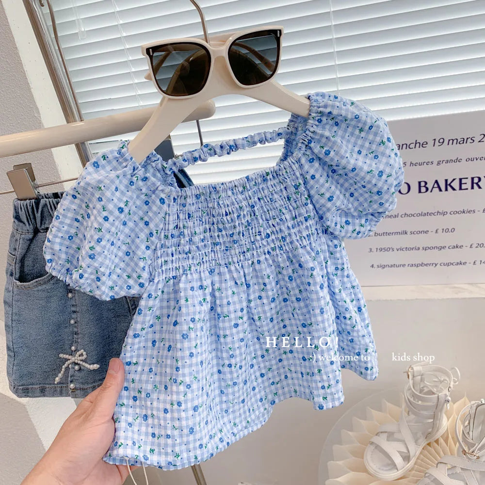Korean Style Square Collar Little Girls Floral Pleated Tops childrensterritory