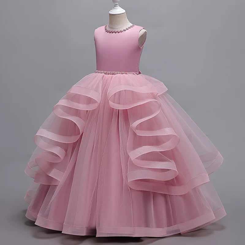 Girls' Solid Color Long Puff Evening Party Dresses