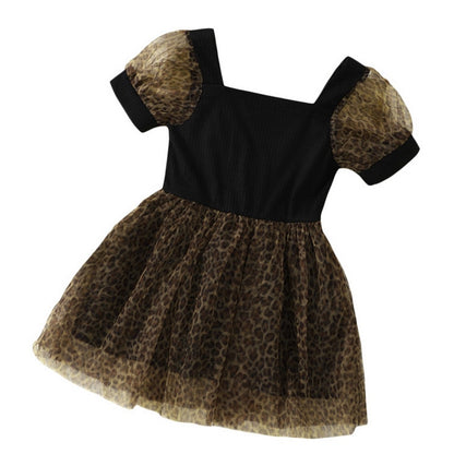 Little Girls Leopard Printed Ruffled Bowknot Party Dress childrensterritory