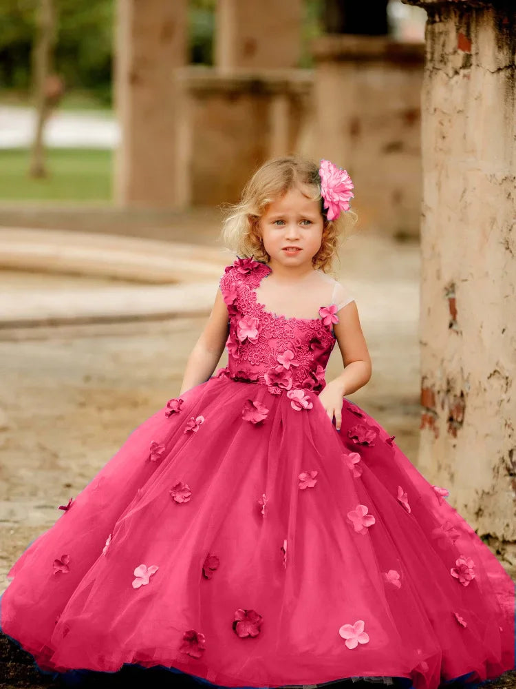 Baby/Kids Girls Tulle Flowers Appliques Banquet Princess Gowns
