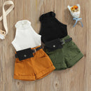 Little Girl Three-Piece Sleeveless Top + Belted Short Pants Outfit childrensterritory