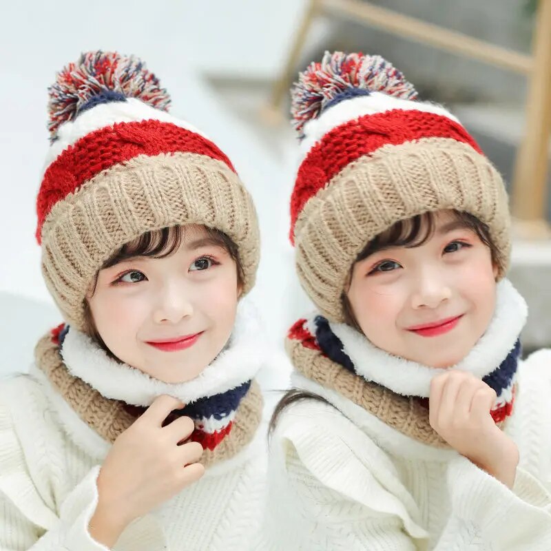 Korean Style Kids Knitted Wool Ball Beanies and Scarf Set childrensterritory