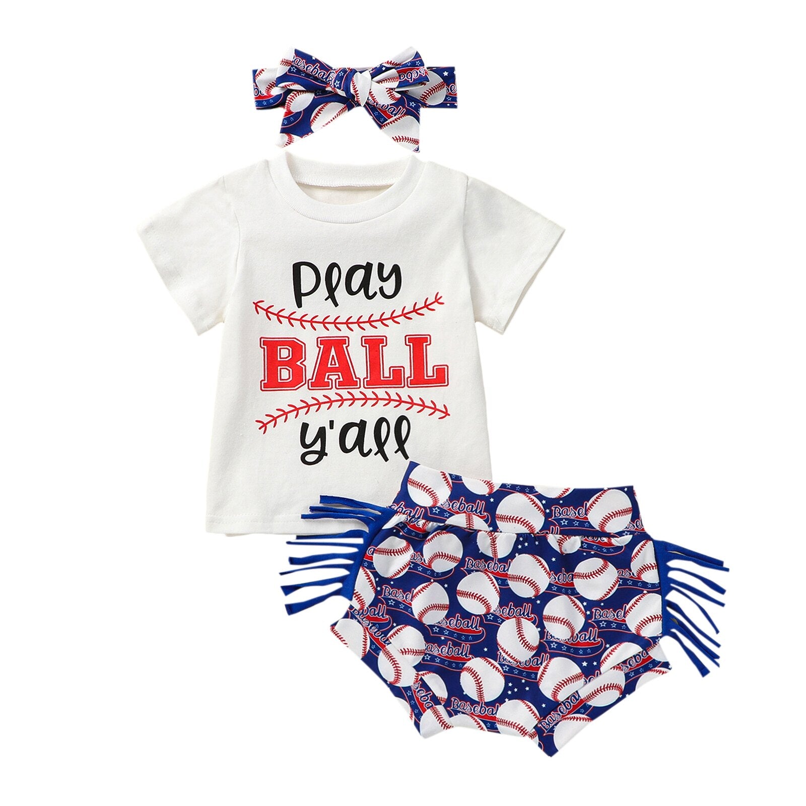 Baby Girl Letter &amp; Baseball Print Top and Tassel Shorts Set childrensterritory