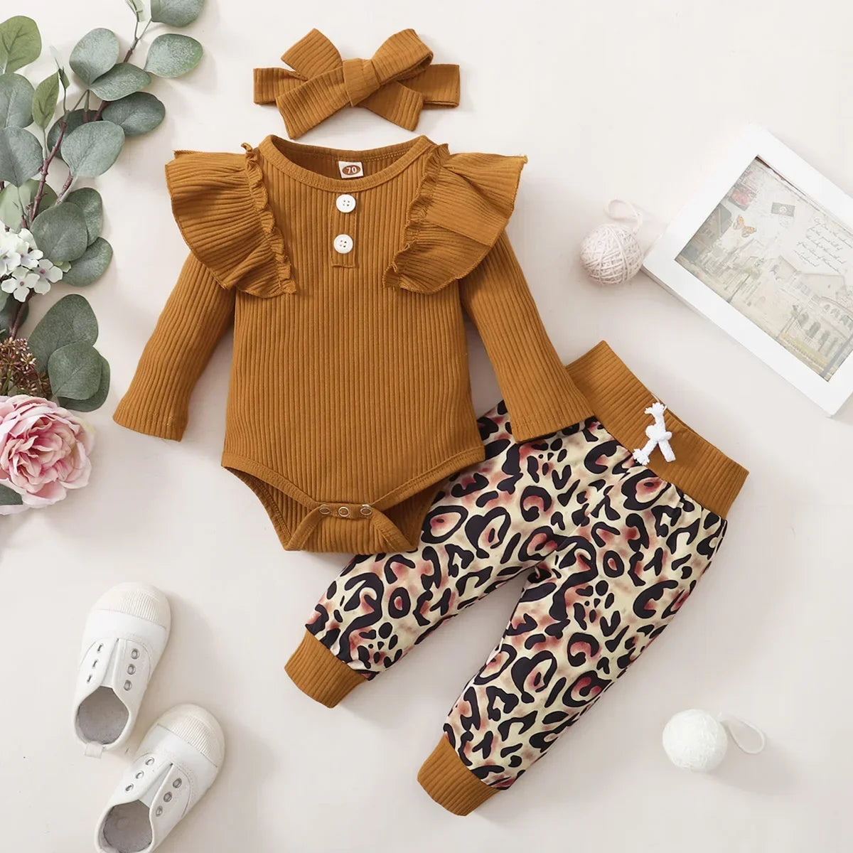 3Pcs Newborn Girl Bodysuit, Bow, Floral Pants Clothing Set childrensterritory