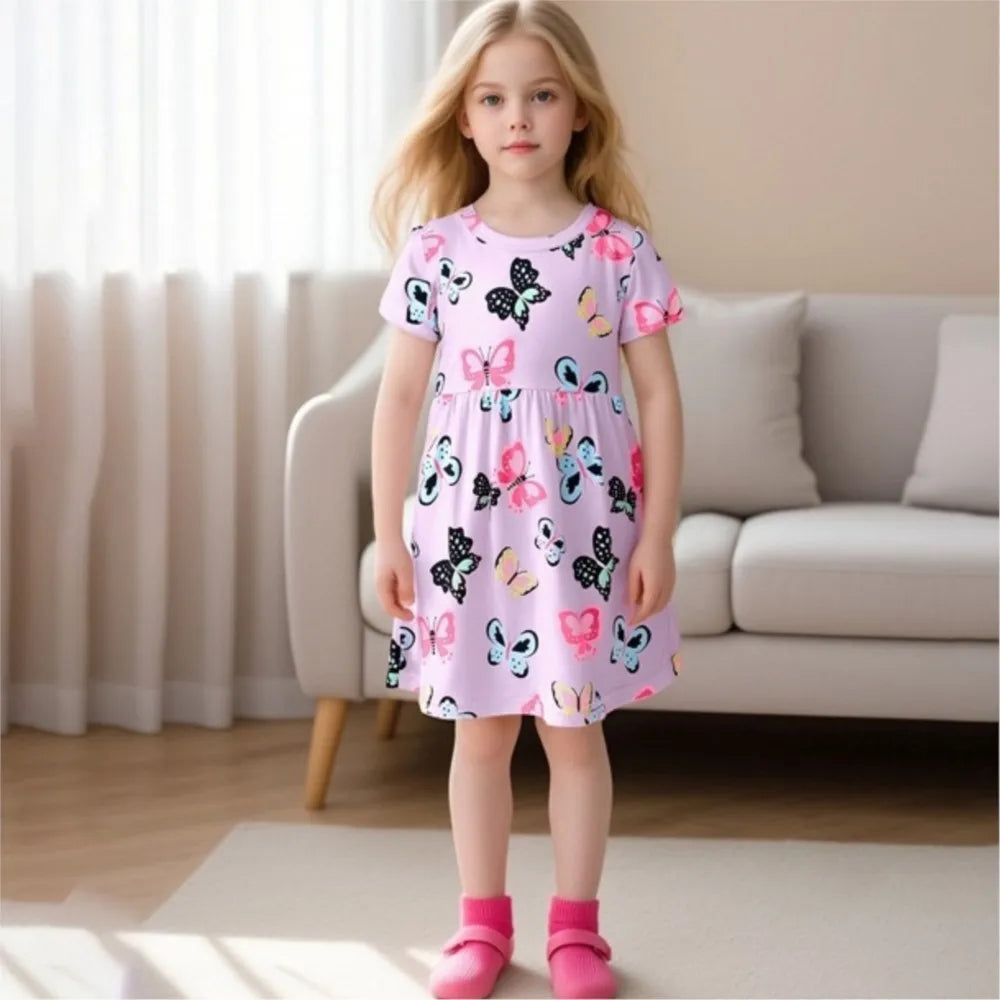 Colorful Butterfly Print Kids Girls' Light Purple Cotton Dress