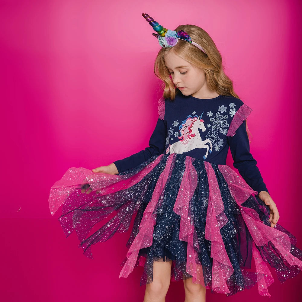 Kids Girls Snowflakes Print Layered Mesh Tulle Princess Dress childrensterritory