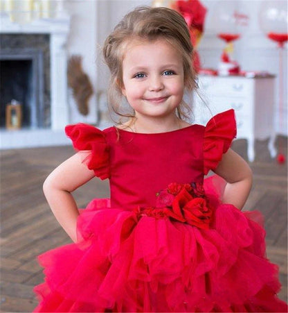 Kids Girls Tulle Red High/Low Fluffy Princess Wedding Dress childrensterritory
