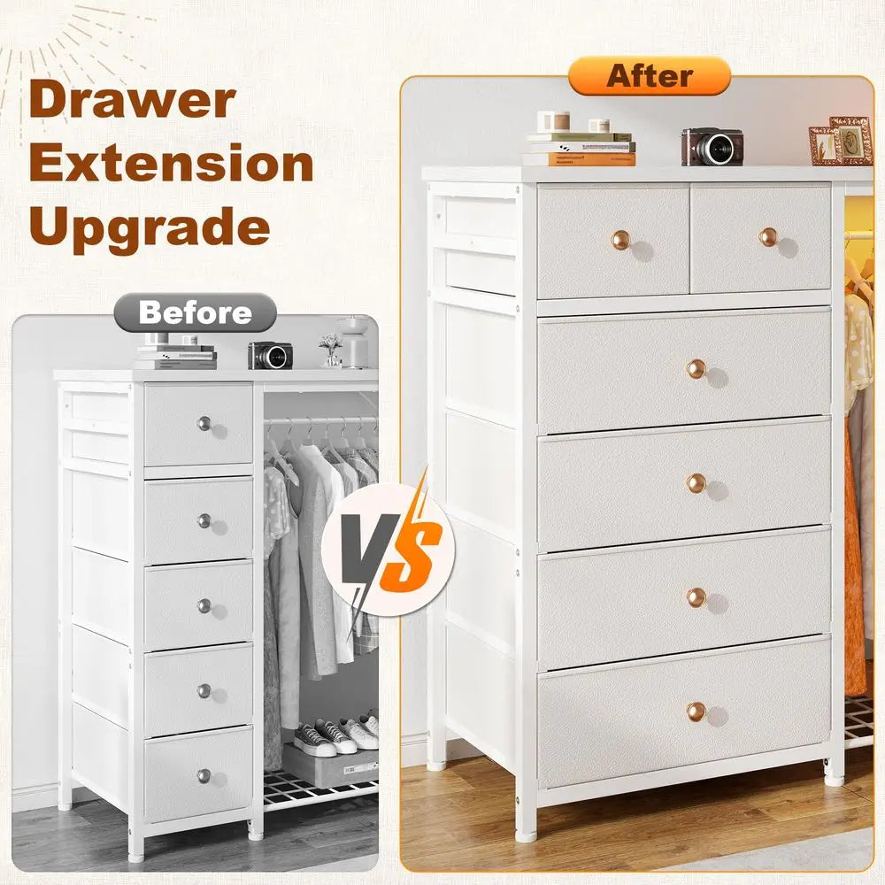 Dresser with Nightstand, Fabric Drawers, and White Shelves
