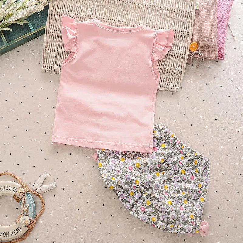 2PCS Baby Girl Summer Outfit: Floral Shorts + Windmill Printed Top childrensterritory