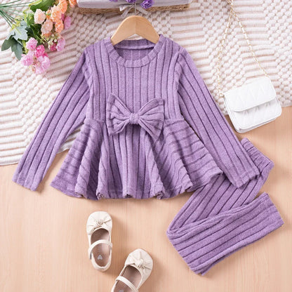 Little Girls Pleated Hem Top  and Pants Set with Bow Decoration