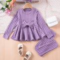 Little Girls Pleated Hem Top  and Pants Set with Bow Decoration