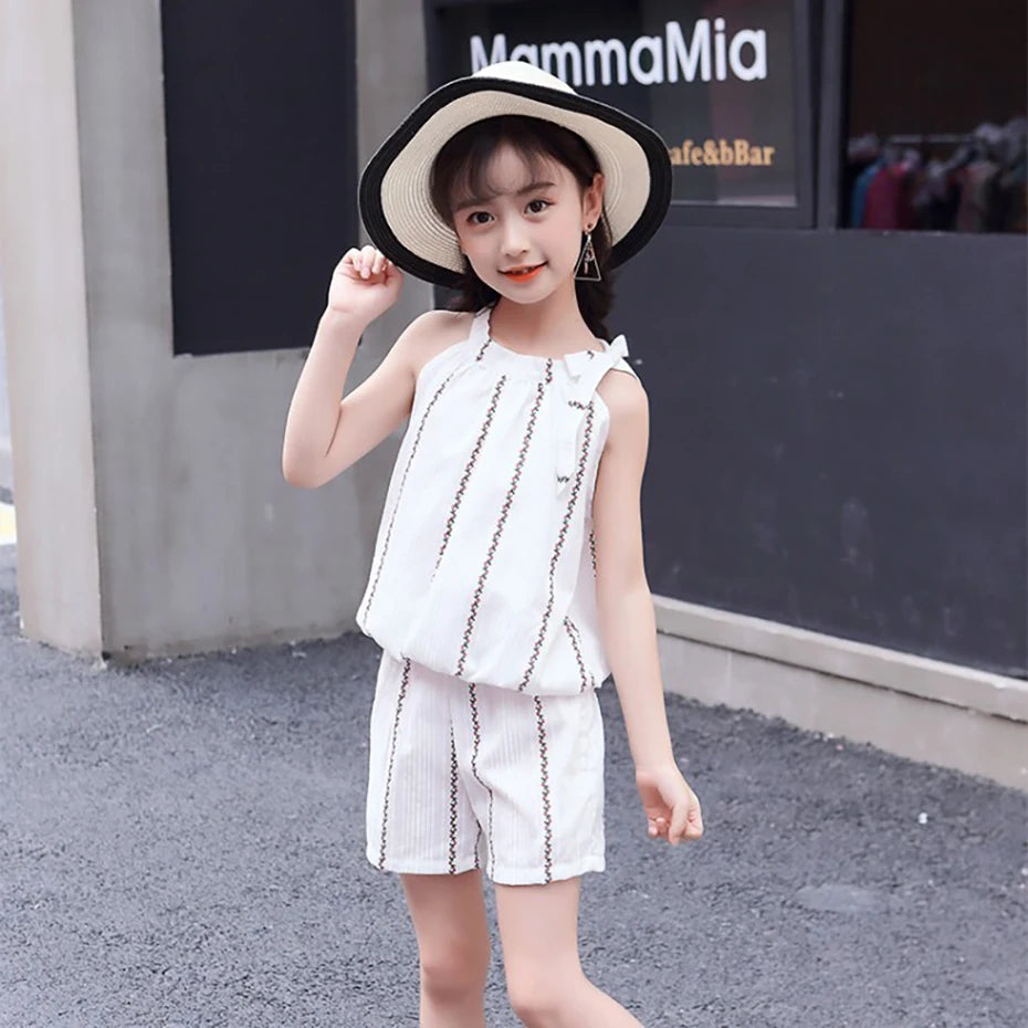 Girls Striped Pattern Vest and Shorts Set For Summer childrensterritory